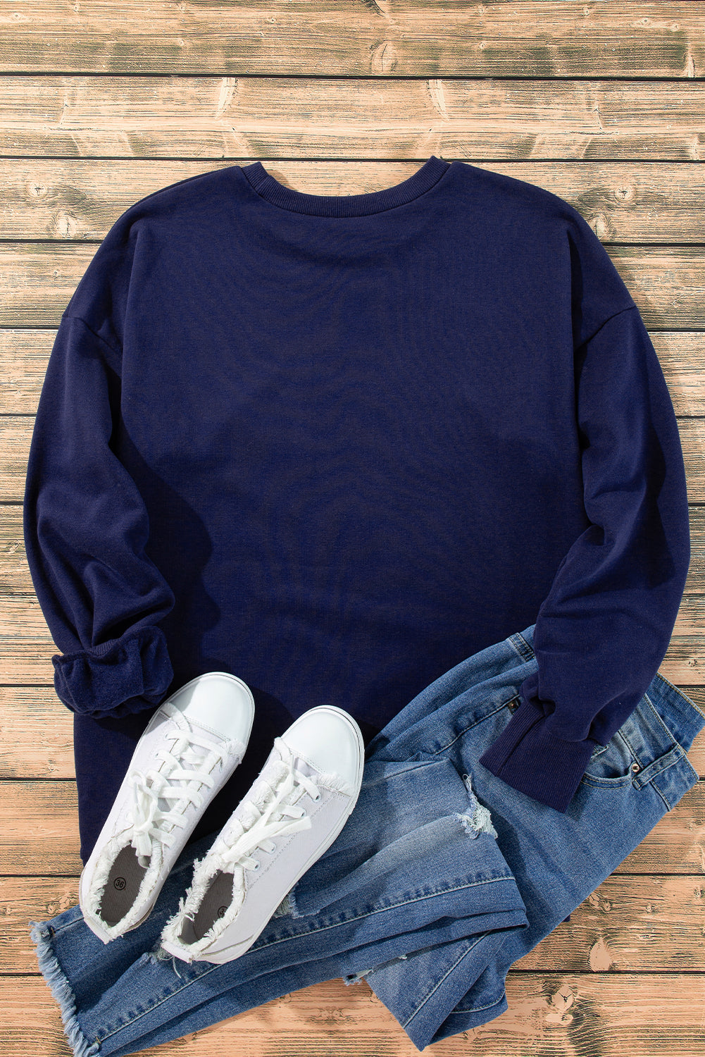 Navy Blue Solid Fleece Lined Drop Shoulder High Low Sweatshirt Sweatshirts & Hoodies JT's Designer Fashion