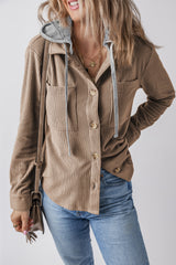 Pale Khaki Hooded Drawstring Pockets Corduroy Shacket Jackets JT's Designer Fashion