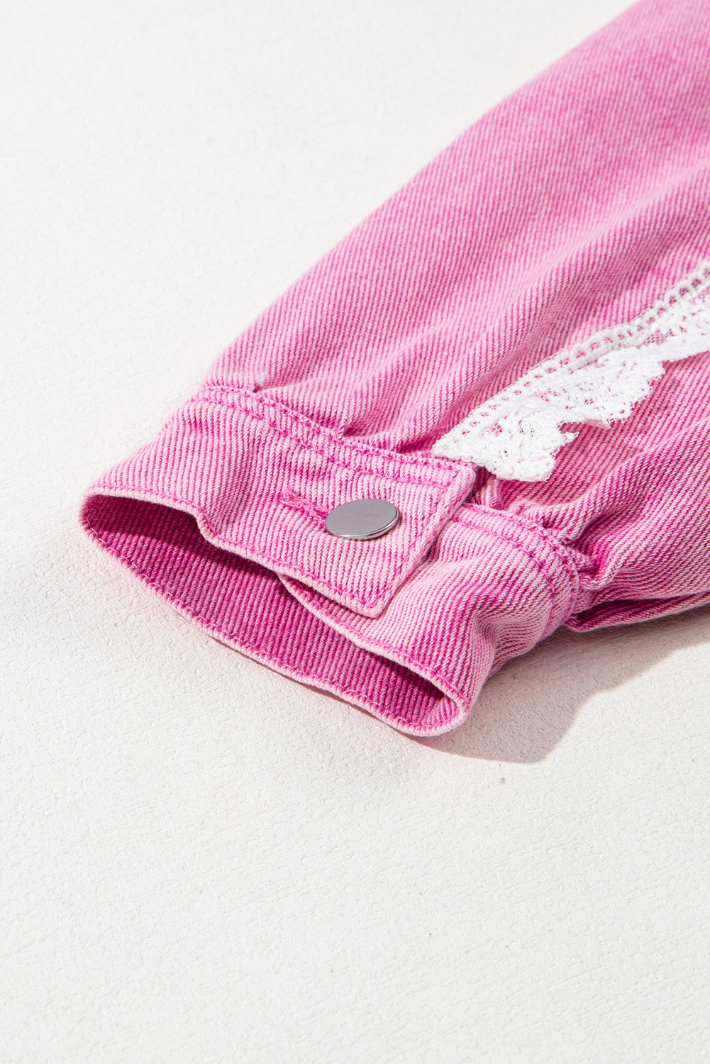 Pink Lace Patchwork Distressed Buttoned Denim Jacket Denim Jackets JT's Designer Fashion