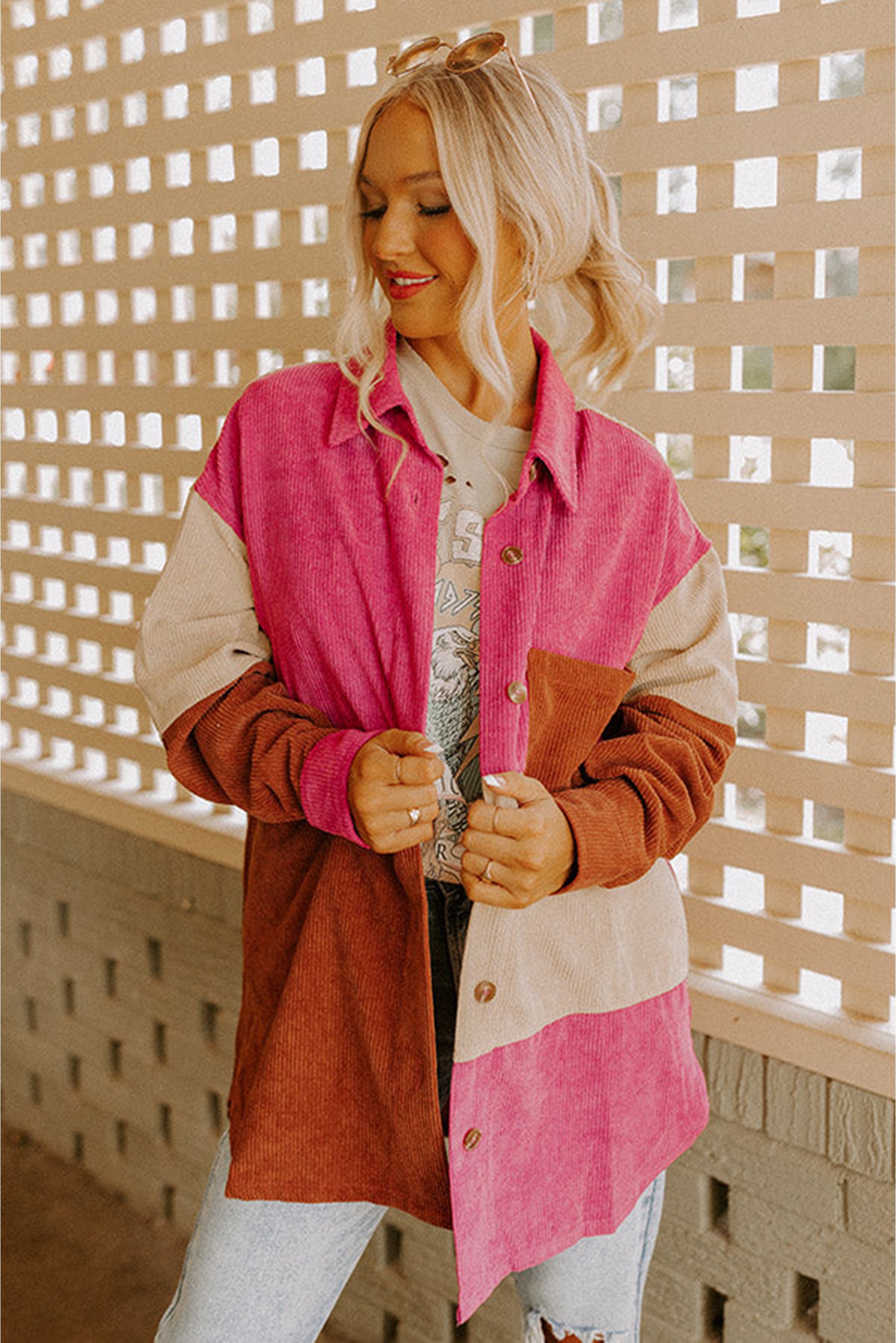 Rose Red Colorblock Curved Hem Corduroy Shacket with Pocket Jackets JT's Designer Fashion