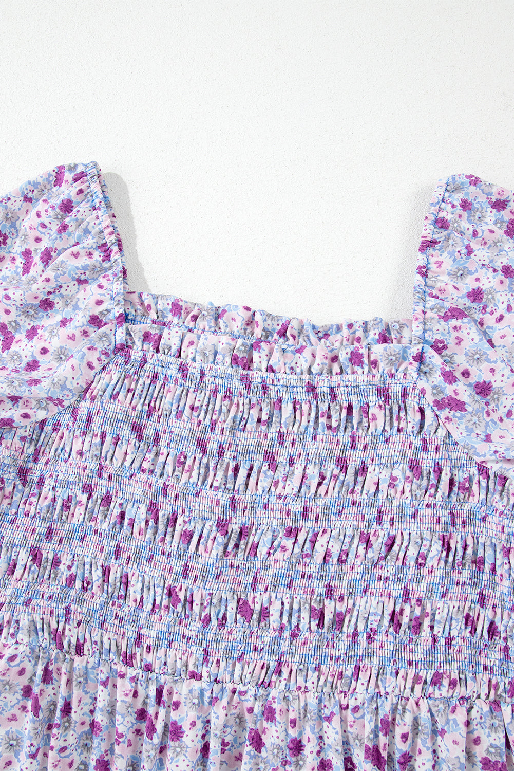 Purple Floral Short Bubble Sleeve Shirred High Waist Long Dress Maxi Dresses JT's Designer Fashion