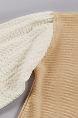 Smoke Gray Textured Patchwork Crew Neck Puff Sleeves Top Long Sleeve Tops JT's Designer Fashion