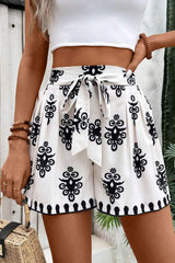 Black Tribal Geometric Print Belted High Waist Casual Shorts Black 100%Polyester Casual Shorts JT's Designer Fashion