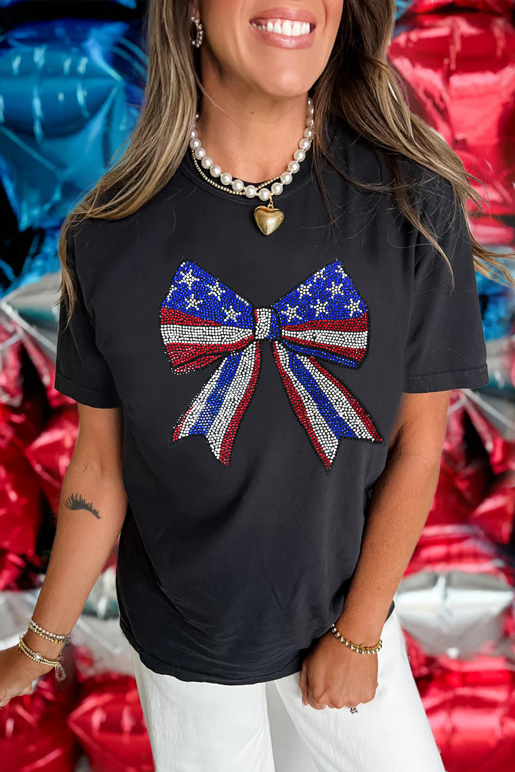Black Rhinestone Stars and Stripes Bow Graphic Independence Day T Shirt Graphic Tees JT's Designer Fashion