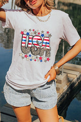 White Patriotic Star Leopard USA Letter Graphic T Shirt Graphic Tees JT's Designer Fashion