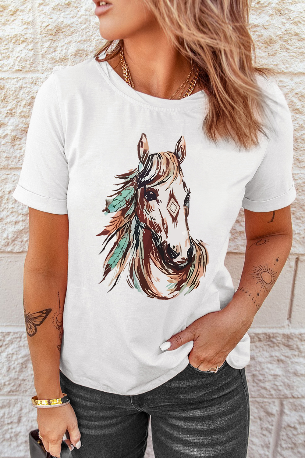 White Western Aztec Horse Graphic Crewneck Tee Graphic Tees JT's Designer Fashion