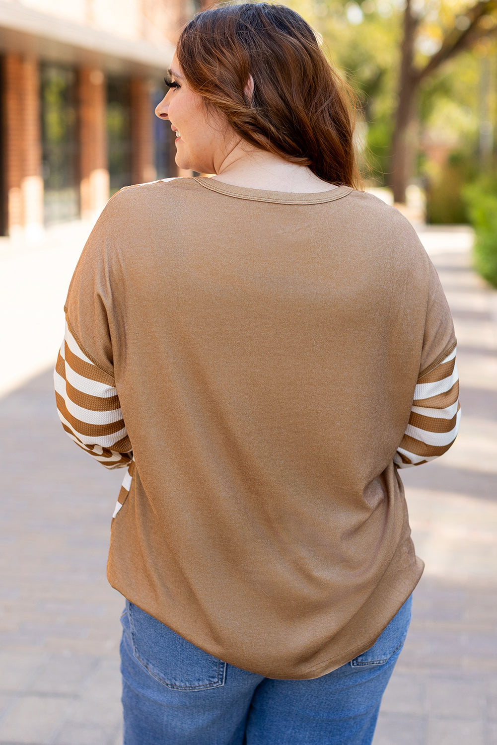 Khaki Striped Checkered Mixed Print Chest Pocket Casual Plus Size Top Plus Size Long Sleeve Tops JT's Designer Fashion