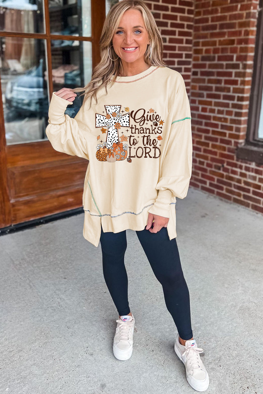 White Give Thanks to the LORD Graphic High Low Hem Loose Sweatshirt Graphic Sweatshirts JT's Designer Fashion