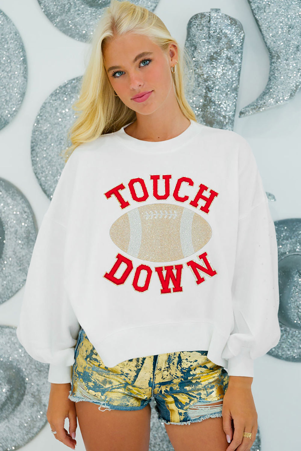 White TOUCH DOWN Football Graphic Pullover Sweatshirt Sweatshirts & Hoodies JT's Designer Fashion