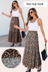 Brown Leopard Floral Reversible Ruffle Hem Maxi Skirt Brown 92%Polyester+8%Elastane Skirts & Petticoat JT's Designer Fashion