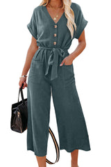Blue Dolman Button Belted V Neck Wide Leg Pocketed Jumpsuit Jumpsuits & Rompers JT's Designer Fashion