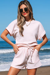 Pink Stripe Knitted Short Sleeve Top and Drawstring Shorts Set Pink Stripe 85%Polyester+10%Viscose+5%Elastane Short Sets JT's Designer Fashion