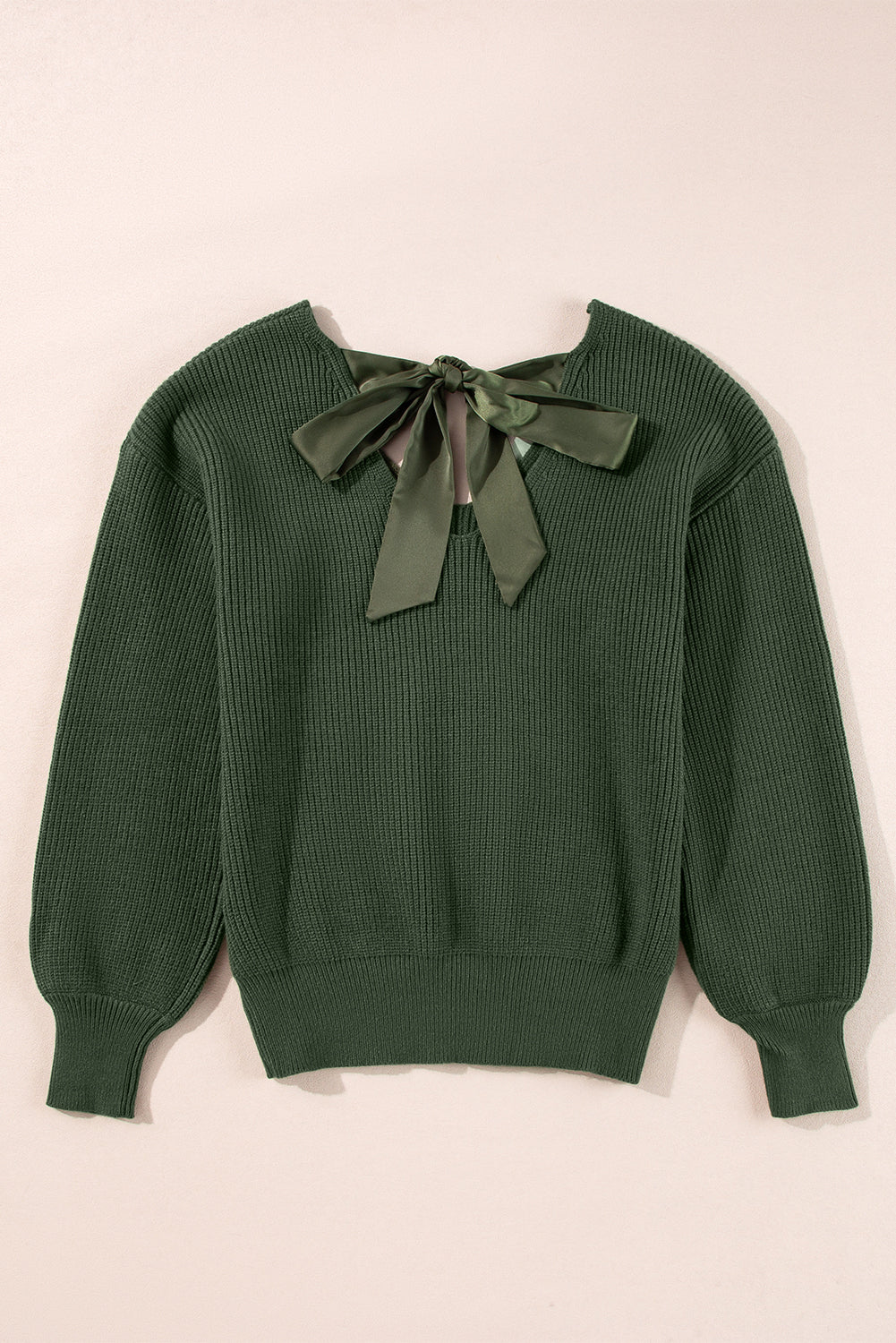 Jungle Green Lantern Sleeve V Neck Knot Back Sweater Sweaters JT's Designer Fashion