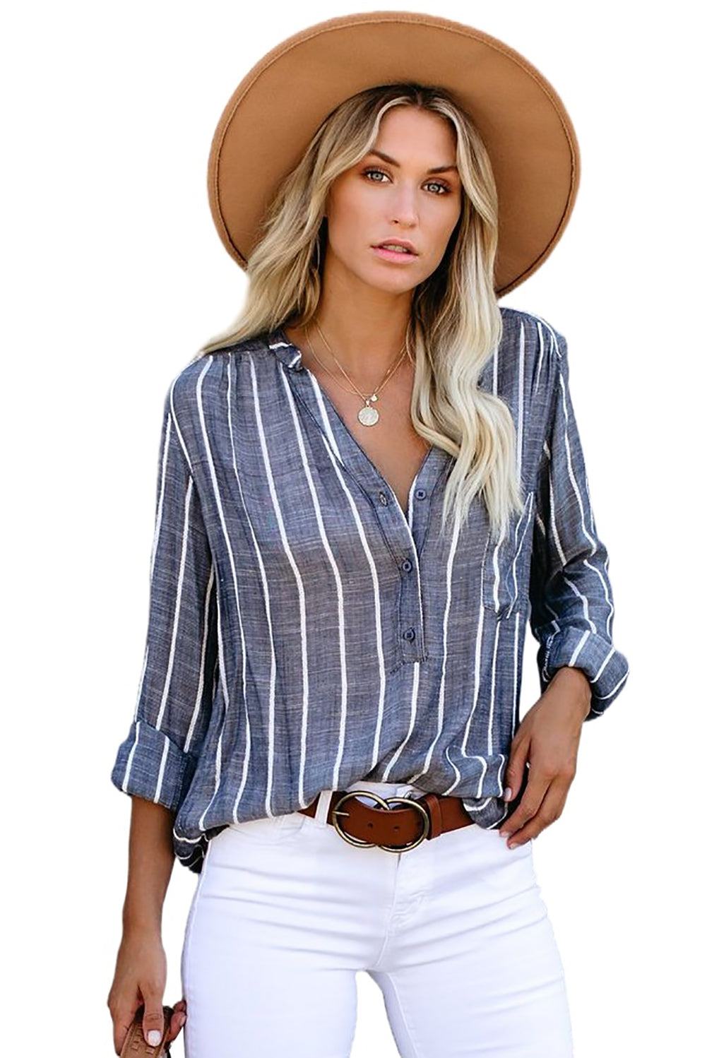 Blue Striped V Neck Pocket Long Sleeve Top Long Sleeve Tops JT's Designer Fashion