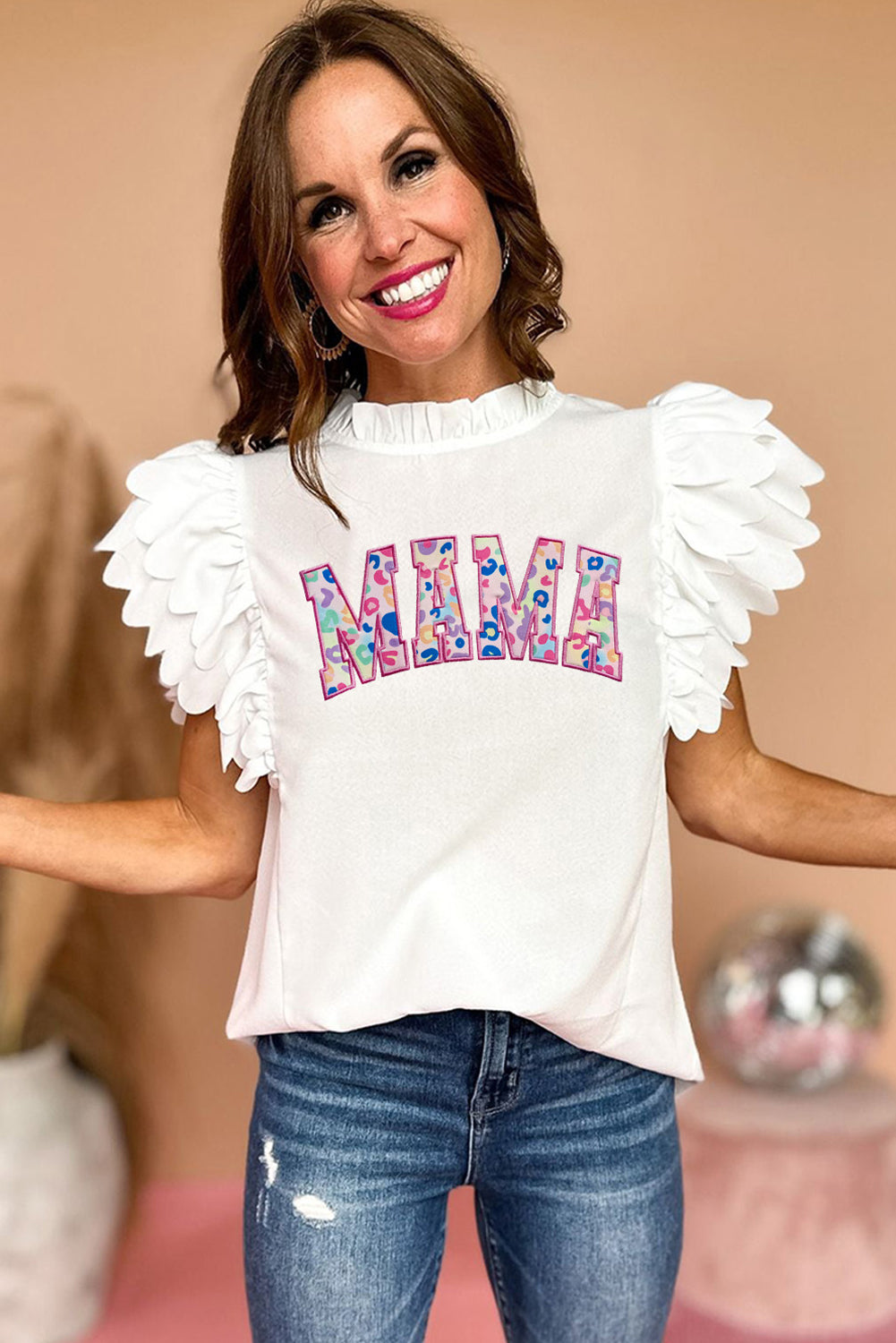 White MAMA Leopard Embroidered Layered Scalloped Sleeve Top Graphic Tees JT's Designer Fashion