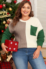 Mist Green Plus Size Cable Knit Color Block Drop Shoulder Sweater Plus Size Sweaters & Cardigans JT's Designer Fashion
