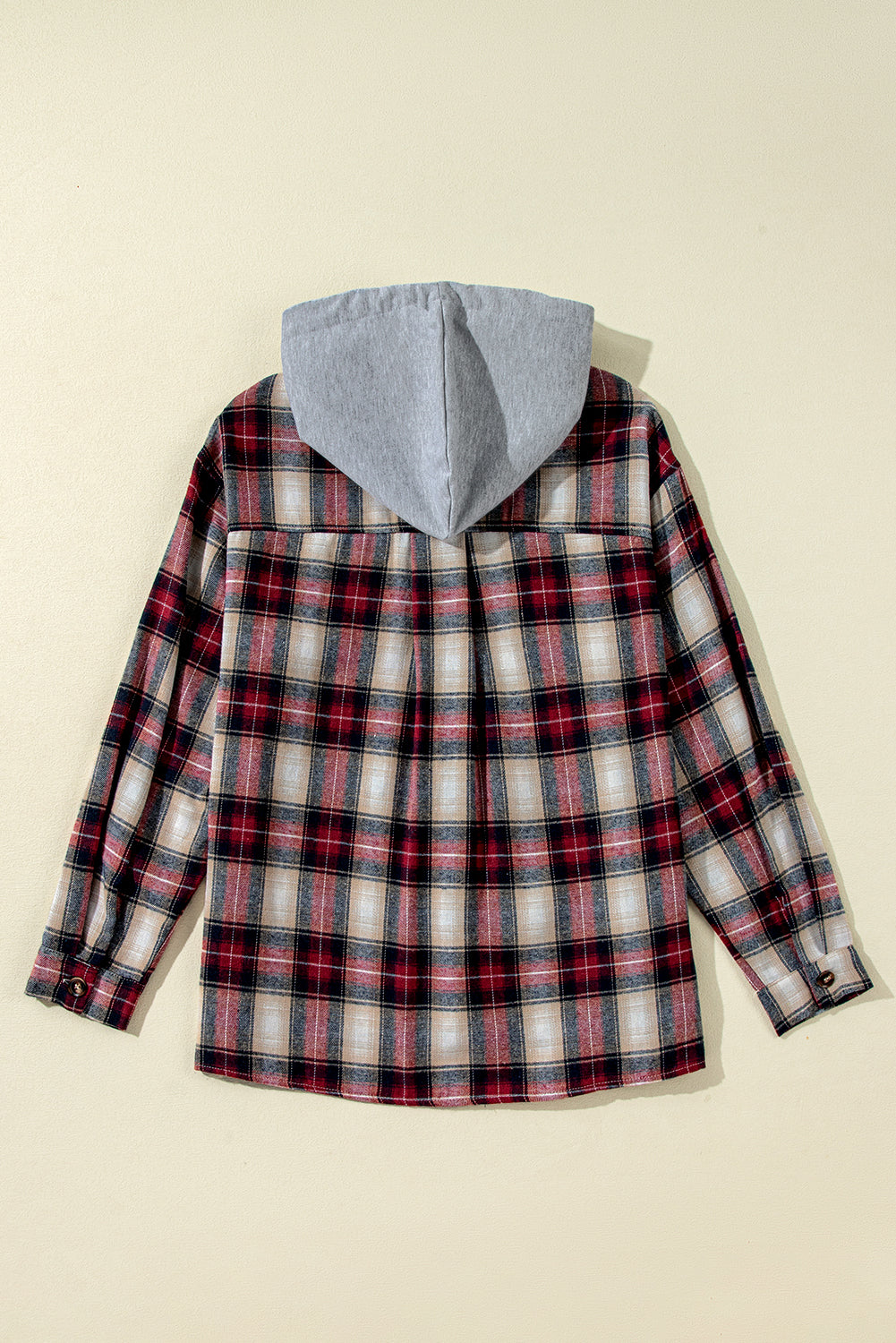 Red Plaid Print Chest Pocket Buttoned Hooded Shacket Plaid Shackets JT's Designer Fashion