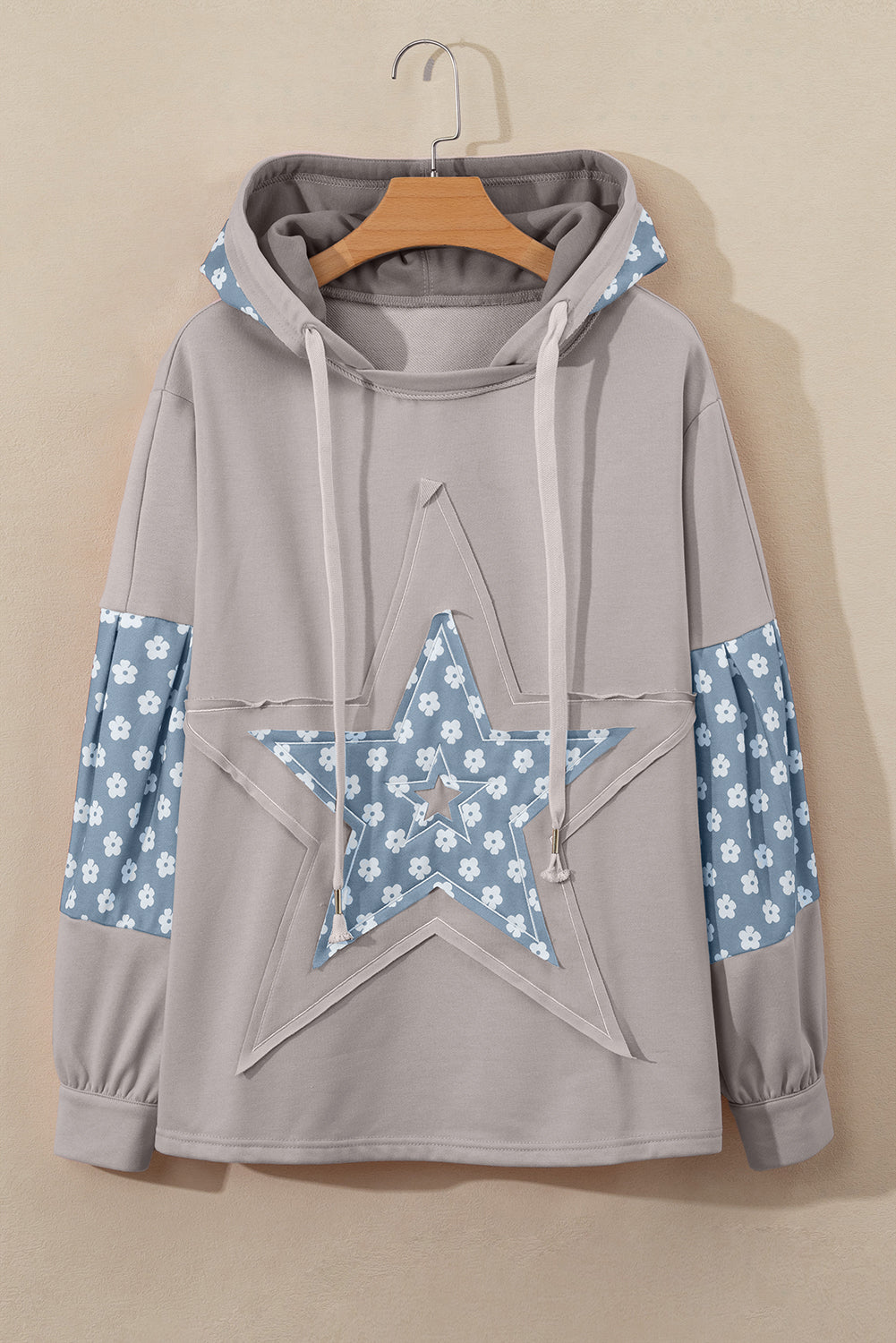 Beau Blue Floral Patchwork Star Pattern Drawstring Hoodie Sweatshirts & Hoodies JT's Designer Fashion