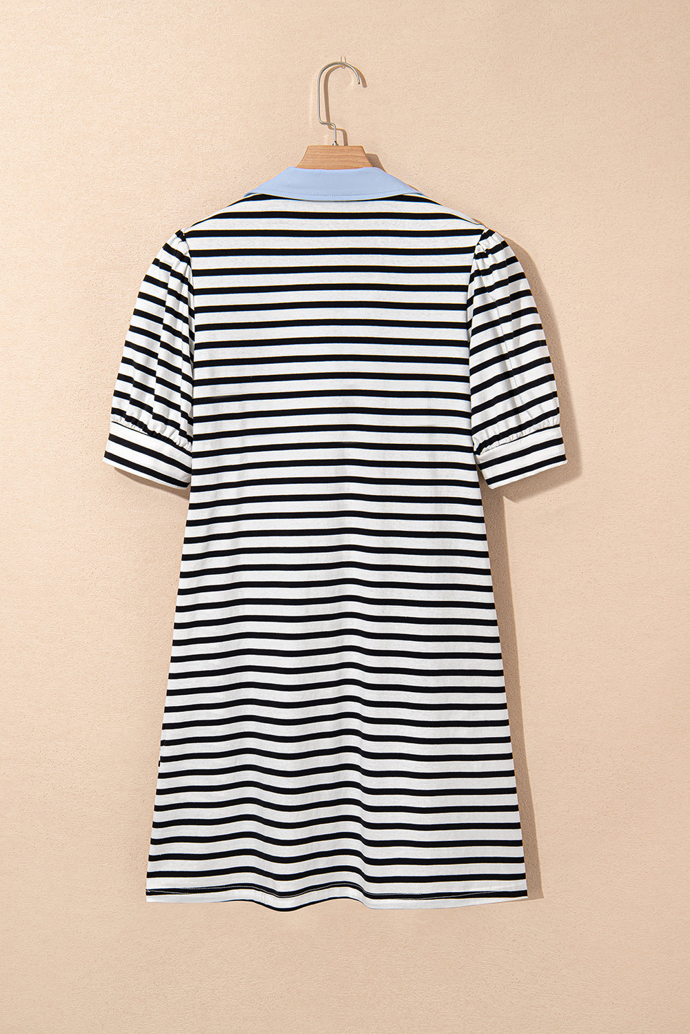 Black Stripe Contrast V Neck Collared Puff Sleeve T Shirt Mini Dress with Pockets T Shirt Dresses JT's Designer Fashion