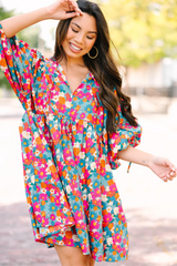 Sky Blue Floral Print Tie Split Neck Bubble Sleeve Babydoll Dress Floral Dresses JT's Designer Fashion