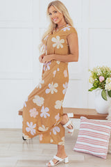 Khaki Floral Print Sleeveless Button up Wide Leg Loose Jumpsuit Jumpsuits & Rompers JT's Designer Fashion