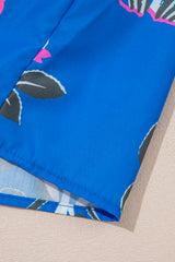 Blue Floral Print Contrast Striped Trim Notched Neck Long Sleeve Blouse Blouses & Shirts JT's Designer Fashion