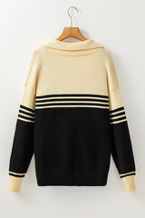 Black Colorblock Stripe Collared V Neck Sweater Sweaters JT's Designer Fashion