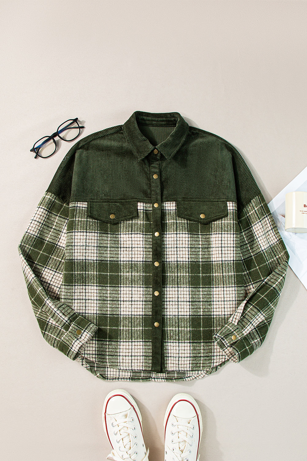 Blackish Green Snap Buttons Colorblock Plaid Shacket Plaid Shackets JT's Designer Fashion