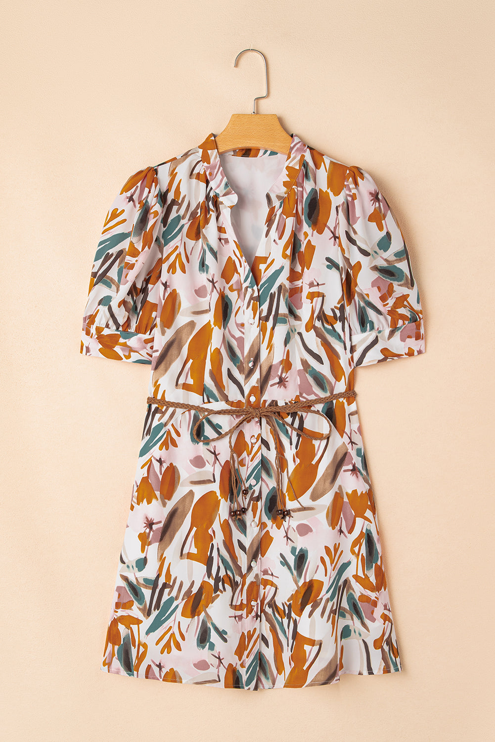 Brown Abstract Printed Puff Sleeve Button Up Braided Belt Mini Dress Mini Dresses JT's Designer Fashion