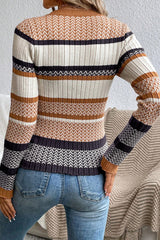 Brown Stripe Stylish Pattern Knitted Ribbed Trim Slim Sweater Sweaters JT's Designer Fashion