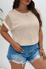 Parchment Lace Patchwork Short Sleeve Round Neck Plus Size Summer Top Plus Size JT's Designer Fashion