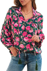Green Floral Printed Tied Collar Puff Sleeve Blouse Blouses & Shirts JT's Designer Fashion