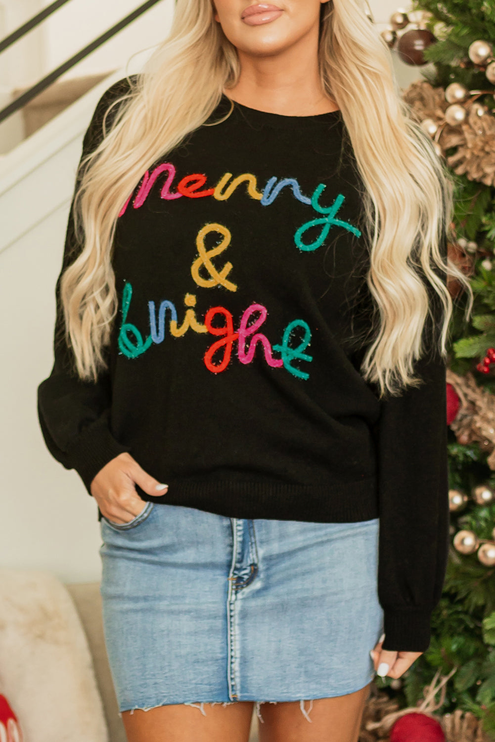 Black Colorful Merry & Bright Tinsel Graphic Sweater Sweaters JT's Designer Fashion