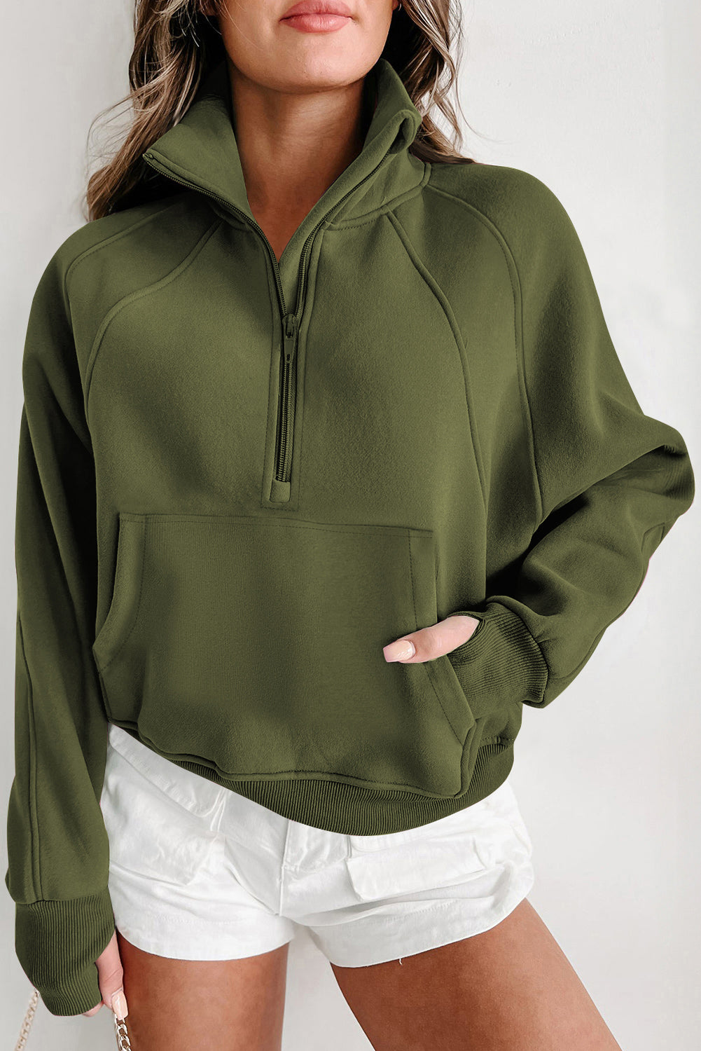Moss Green Quarter Zip Stand Neck Kangaroo Pocket Sweatshirt Sweatshirts & Hoodies JT's Designer Fashion