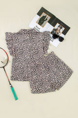 Brown Leopard Half Zipper Collared Ruffled Sleeve Top and Short Set Short Sets JT's Designer Fashion