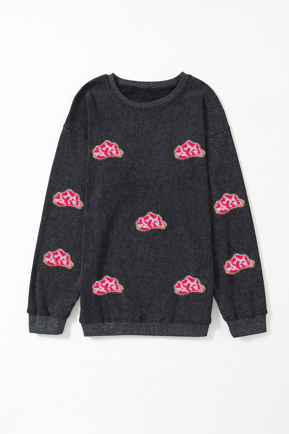 Black Glittering Cowboy Hat Patched Corded Pullover Sweatshirt Graphic Sweatshirts JT's Designer Fashion