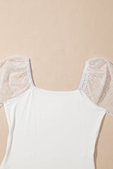 White Swiss Dot Mesh Long Sleeve Square Neck Slim Top Long Sleeve Tops JT's Designer Fashion