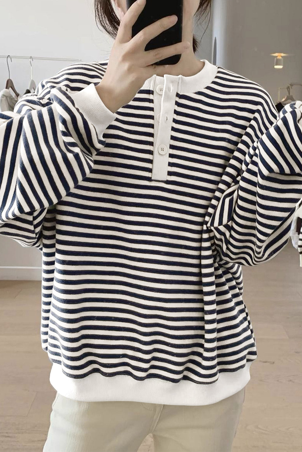 White Stripe Color Block Buttoned Crew Neck Oversized Sweatshirt Sweatshirts & Hoodies JT's Designer Fashion