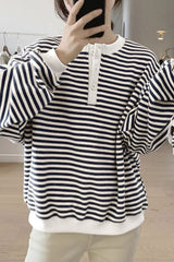 White Stripe Color Block Buttoned Crew Neck Oversized Sweatshirt Sweatshirts & Hoodies JT's Designer Fashion