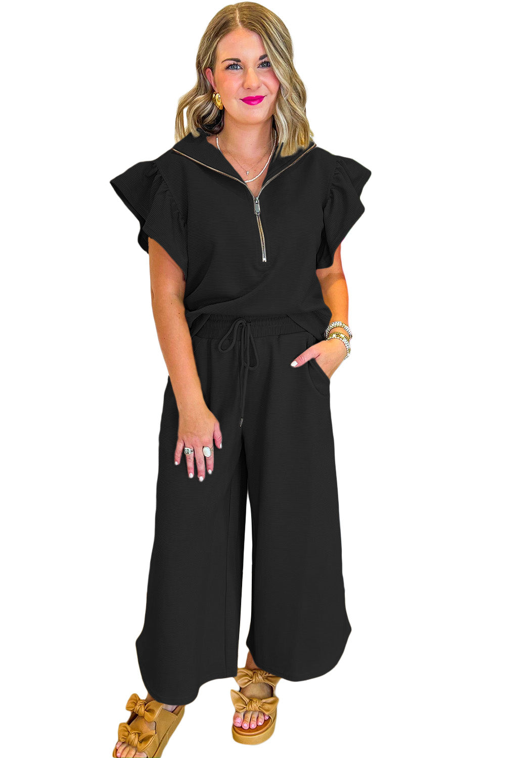 Black Textured Ruffled Sleeve Zipped Top and Wide Leg Pants Set Pant Sets JT's Designer Fashion