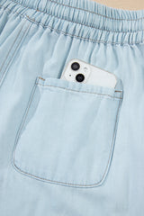 Beau Blue Light Wash Contrast Trim Center Seam Drawstring Elastic Waistband Wide Leg Denim Pants Jeans JT's Designer Fashion