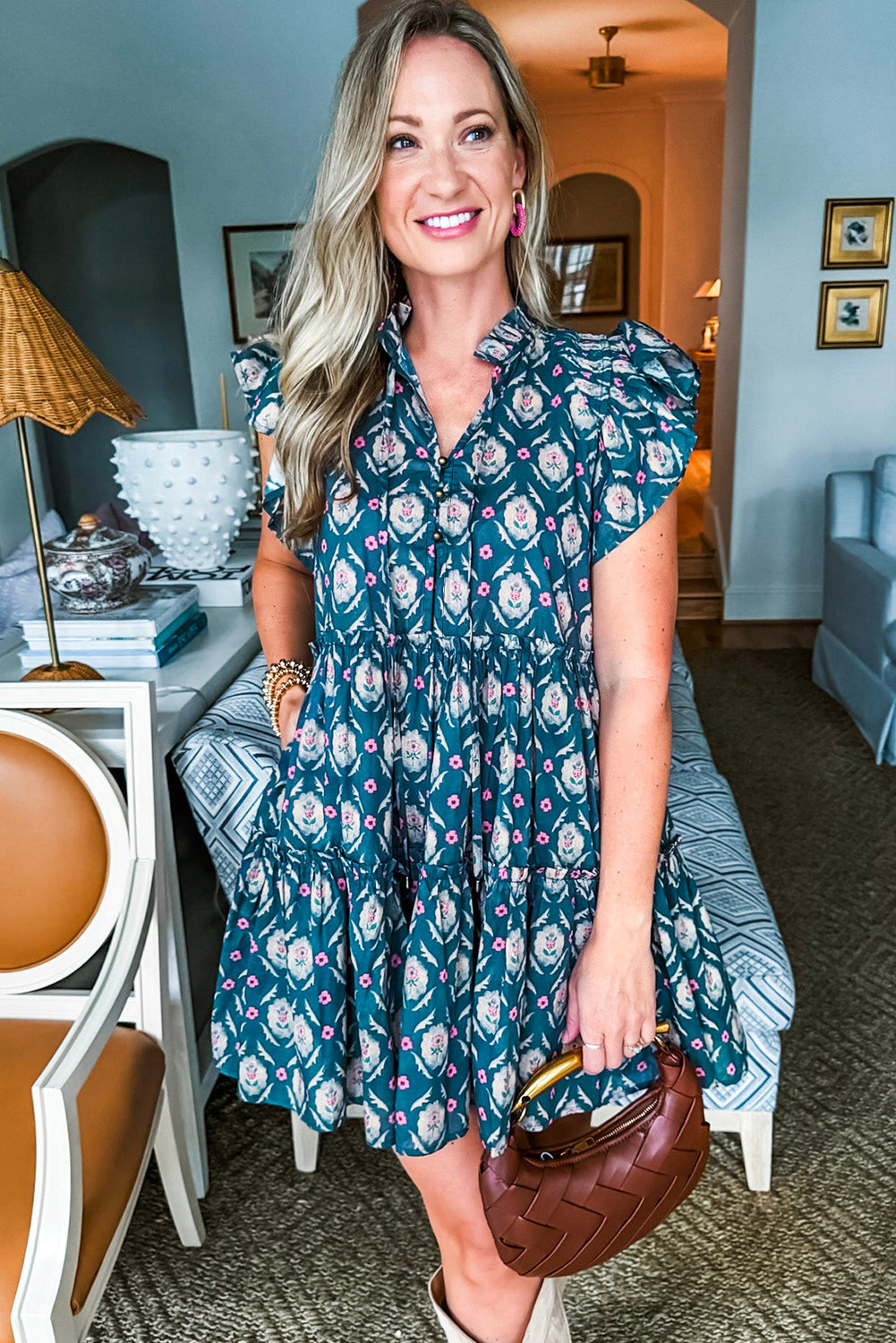 Blue Retro Floral Print Split Neck Ruffle Short Sleeve Dress Floral Dresses JT's Designer Fashion