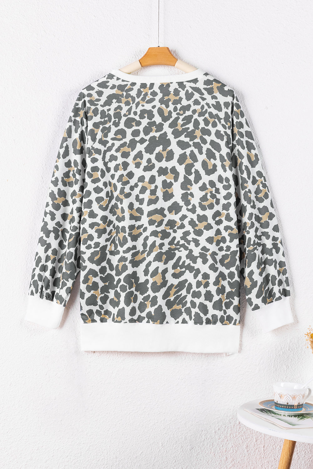 White Printed Solid Trim Leopard Print Top Long Sleeve Tops JT's Designer Fashion