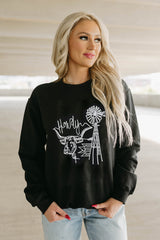 Black Embroidered Howdy Cow Western Graphic Crew Neck Sweatshirt Graphic Sweatshirts JT's Designer Fashion