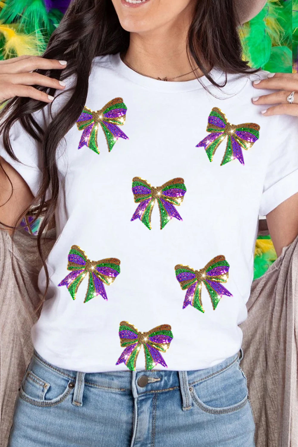 White Sequin Mardi Gras Bow Graphic Crewneck Tee Graphic Tees JT's Designer Fashion