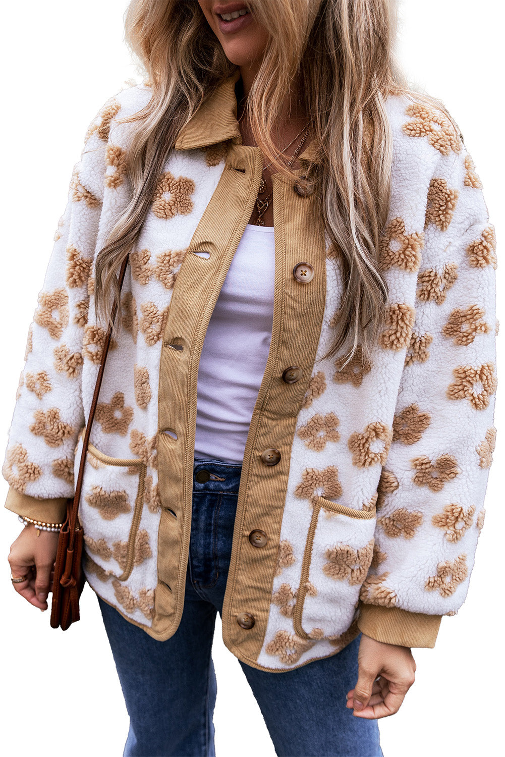 Light French Beige Cute Flower Pattern Button Up Fleece Jacket Jackets JT's Designer Fashion