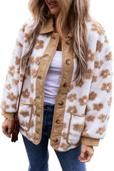 Light French Beige Cute Flower Pattern Button Up Fleece Jacket Jackets JT's Designer Fashion