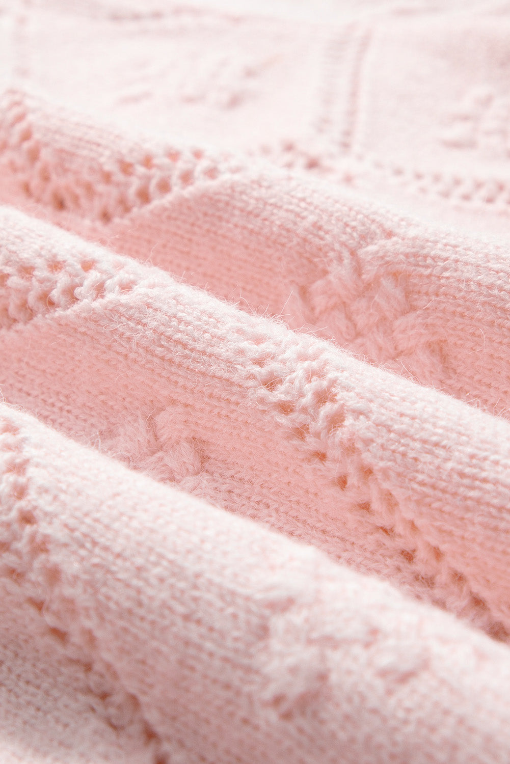 Gossamer Pink Openwork Plaid Puff Sleeve Cropped Sweater Sweaters JT's Designer Fashion