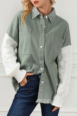 Green Cable Knit Sleeve Raw Hem Shacket Jackets JT's Designer Fashion