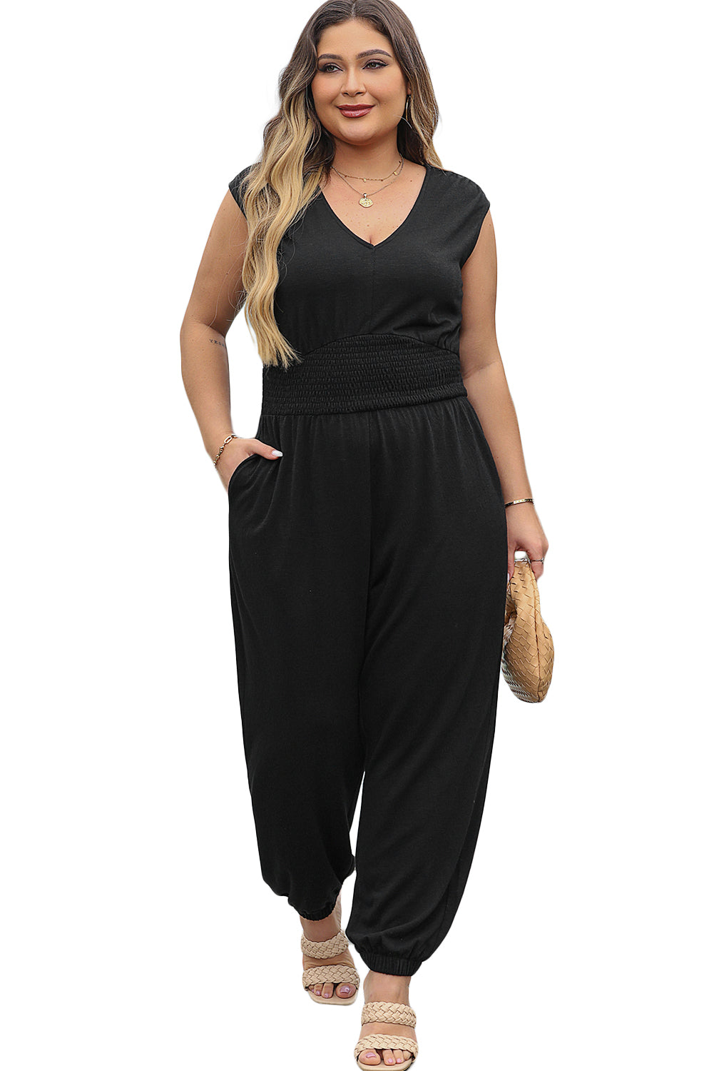 Black Plus Smocked High Waist Sleeveless V Neck Jumpsuit Plus Size Bottoms JT's Designer Fashion